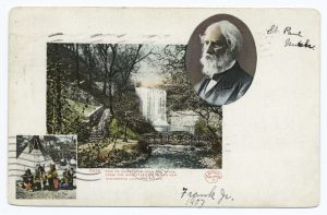 minnehaha falls postcard with poet and indians, 1907, nypl, detroit publishing company, digital id 62338